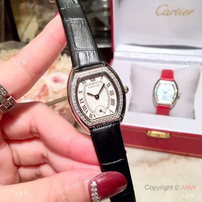 New Copy Cartier Ladies Watch SS Black Leather Band